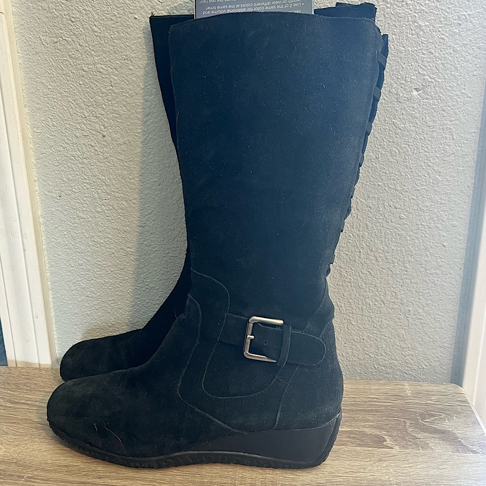 Black wedge suede rain boots. Size 8